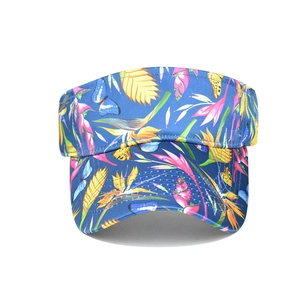 Women's open top sun visor hat with blue tropical floral and butterfly print for outdoor use