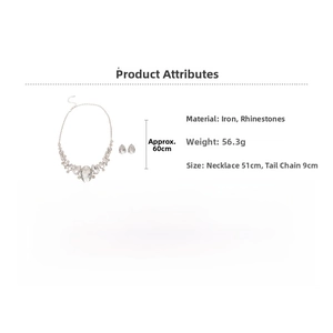 Detailed size parameters for the rhinestone water drop necklace and earring set