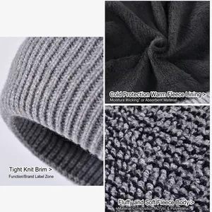 Winter warm knit beanie hat with thick fleece lining and folded brim in grey