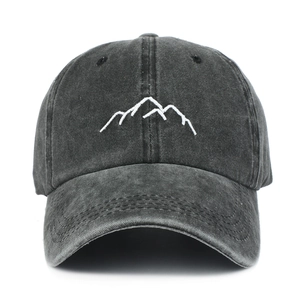 Retro washed dark grey baseball cap with white mountain embroidery for outdoor sun protection