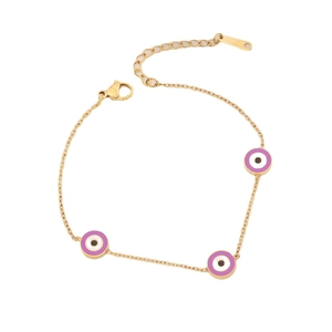 Gold stainless steel chain bracelet with purple evil eye charms and adjustable lobster clasp