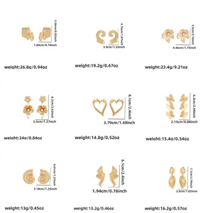 Size chart showing height weight and width dimensions for nine gold floral pearl earrings