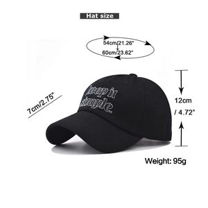 Detailed size guide of a black cotton baseball cap with keep it simple embroidery