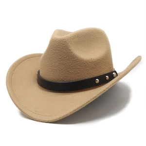 Khaki wool felt western cowboy hat with brown leather rivet band shown on white background