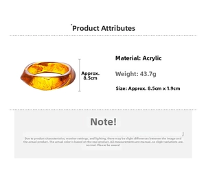 Detailed specs of acrylic amber marbled bangle with size 8.5cm by 1.9cm and weight 43.7g
