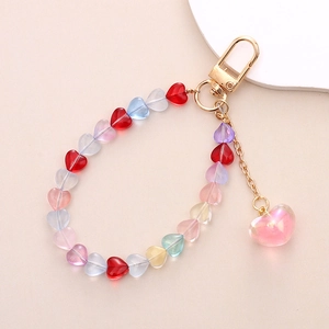 Colorful beaded heart keychain with crystal glass beads and gold lobster clasp