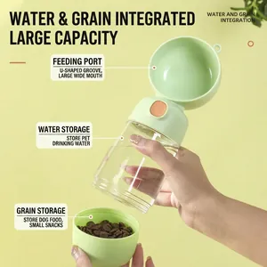 Portable mint green pet water and food dispenser bottle with U-shaped drinking bowl
