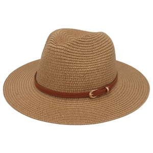 Classic straw Panama hat with slim brown leather belt buckle on white background