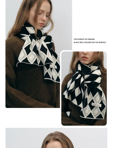 Detail of black and white diamond knit scarf with high-quality fabric and woven label
