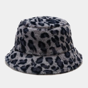 Detail of grey leopard print faux fur bucket hat showing thick plush winter texture