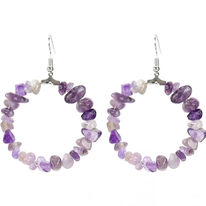 Detailed view of handmade amethyst gravel hoop earrings with silver metal hooks