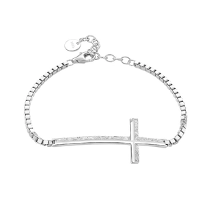 Elegant 925 sterling silver box chain bracelet with horizontal cross pendant on white background
