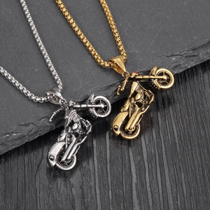 Hip hop style skull motorcycle pendant necklaces in gold and silver finish on stone