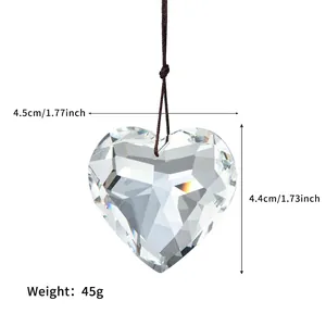 Macro detail of 45mm heart crystal prism pendant with dimensions and weight measurements