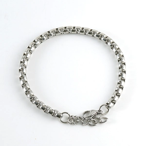 Polished stainless steel box chain bracelet with lobster clasp on a white background