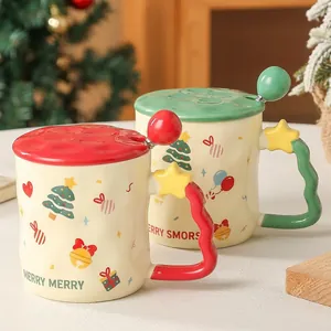 Christmas ceramic coffee mug with graffiti holiday pattern and yellow star handle