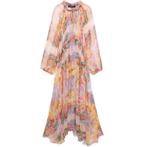 Women Floral Printed Chiffon Maxi Dress Lantern Long Sleeve V Neck High Waist Pleated Bohemian Style