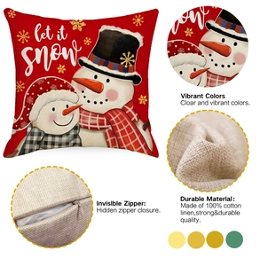Detail of red Christmas pillowcase showing linen texture, snowman print and hidden zipper