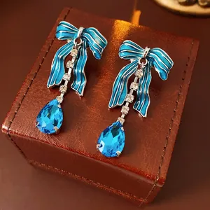 Orecchini Pendenti Fiocco Blu Con Perno In Argento Rame Smalto Pera Goccia D'acqua Zircone Stile Corte Francese