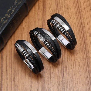 Men's vintage Viking multi-layer black braided leather bracelet with silver magnetic clasp