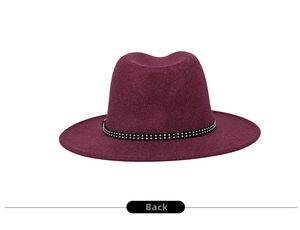 Detailed back view of a burgundy wool fedora hat with double row silver rivet trim band