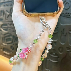 Handmade crystal tulip beaded phone strap with pearls and colorful faceted charms