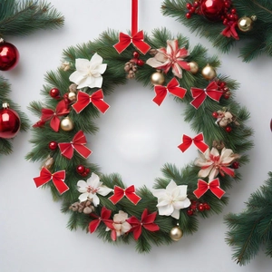 Classic Christmas wreath with red bows, pine cones, and gold ornaments on pine needles