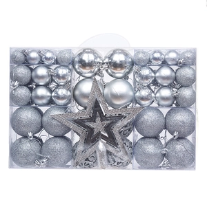 Silver Christmas ball set featuring glossy matte and glitter finishes with star topper