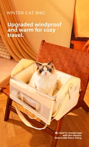 Close-up of the fleece-lined interior of a warm winter cat carrier with a ragdoll cat inside