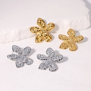 Flower Earrings Stainless Steel 18K Gold Plated Hammered Texture Chic Elegant Floral Jewelry For Women