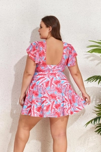 Deep U-back design of tropical palm leaf print swimsuit with elegant back view profile