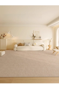 Detailed texture of a beige minimalist cream style rug in a modern living room setting