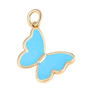 Detailed view of a gold butterfly pendant with light blue enamel wings and polished finish