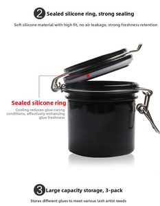 Detail of eyelash glue storage tank with silicone sealing ring and metal clasp lid