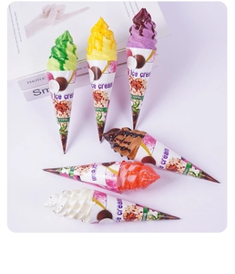 Detail view of six colorful artificial ice cream cones in assorted pastel flavors