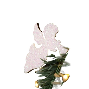Pink and white glittery angel Christmas ornament with horn on pine branch background