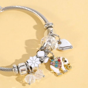 Adjustable stainless steel wire charm bracelet with enamel elephant and heart charms