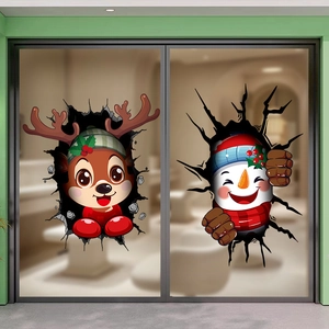 Adesivi natalizi 3D per finestre con renna e pupazzo di neve per decorazione festiva vetri