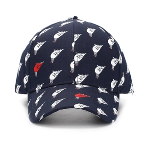 Navy blue baseball cap featuring all-over pigeon prints and a curved brim