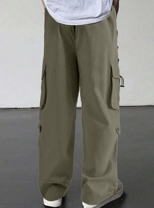 Front view of army green cargo pants featuring a loose straight fit and multi-pocket design