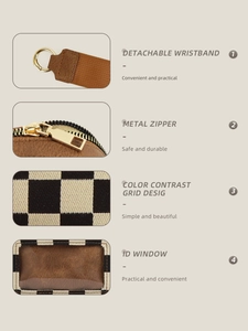 Detail of checkered wristlet wallet featuring a clear ID window and gold zipper closure