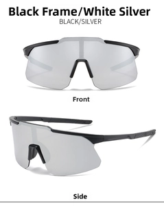 Front and side views of sports cycling sunglasses with large silver mercury mirror lenses
