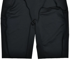 Close-up of durable stitching and elastic fabric on a black slim fit jumpsuit