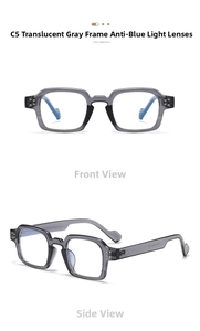 Detail view of transparent grey square frames with anti-blue light lenses and side temples