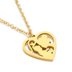 Golden heart pendant necklace with cutout mother and child silhouette for Mother's Day