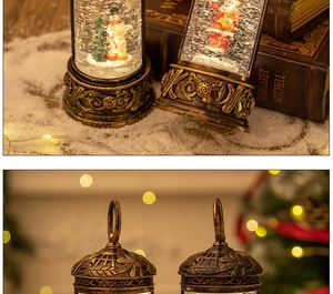 Detail of vintage bronze Christmas lantern with snow globe featuring Santa and snowman