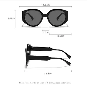 Detailed size chart for oversized sunglasses showing frame height and temple length measurements