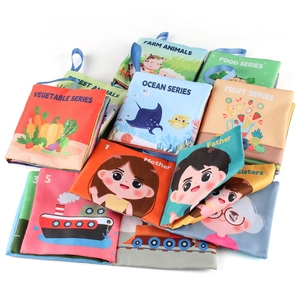Educational baby cloth book set with animal and food themes featuring hanging loops