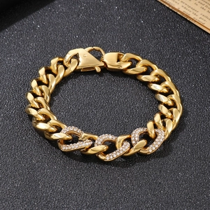 Hip hop gold Cuban link bracelet for men featuring three iced out rhinestone encrusted links
