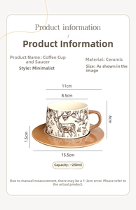 Detailed dimensions of 250ml ceramic coffee cup and saucer set with elk pattern